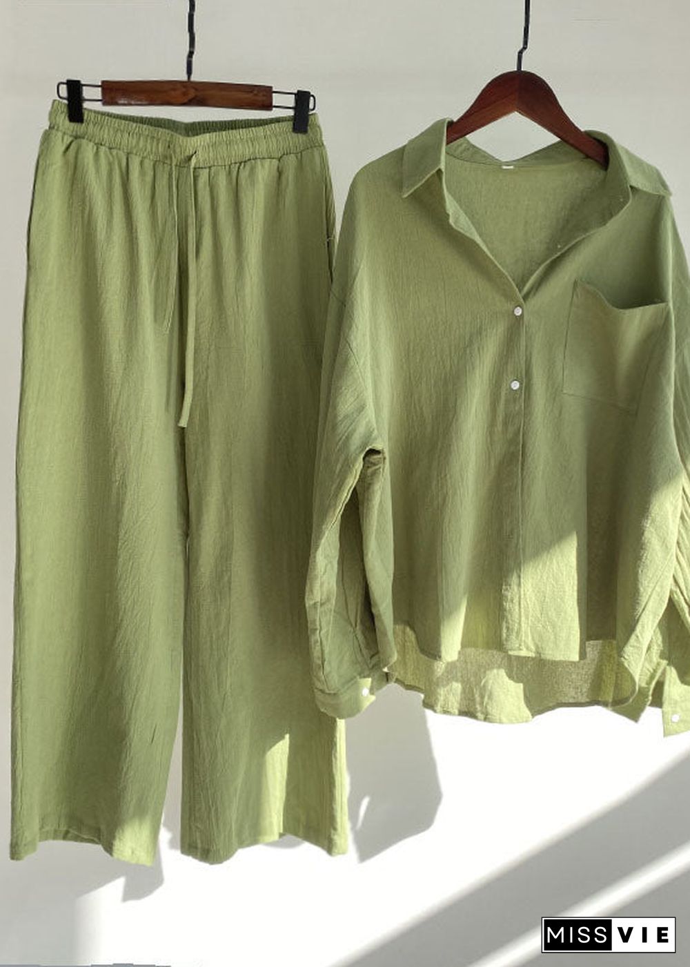 Vintage Blue Peter Pan Collar Tops And Pants Cotton Two-Piece Set Spring