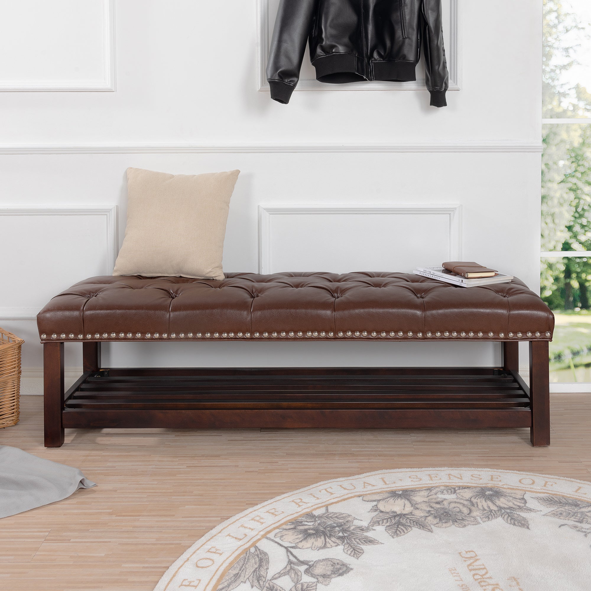 LANTRO JS Wooden Base Upholstered Bench for Bedroom for Entryway