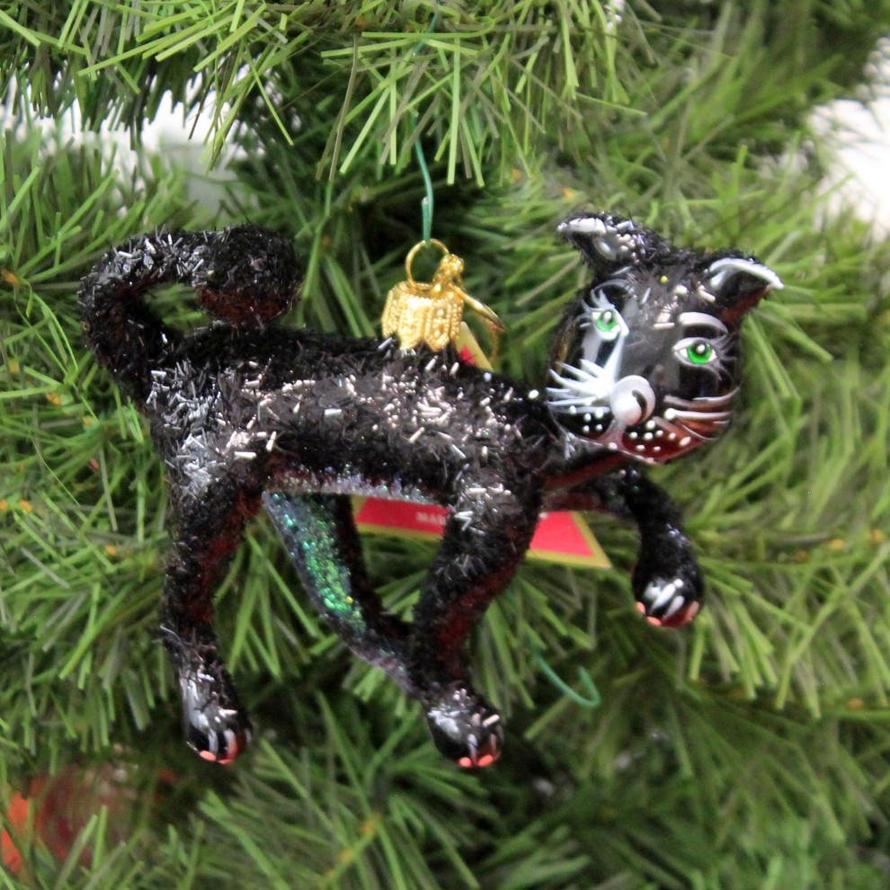 Morawski Black Glittered Cat Glass Ornament Halloween Feline 14161   Christmas Ornaments   by Story Book Kids Inc  Houzz