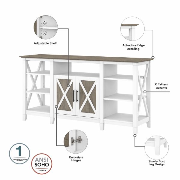 Bush Furniture Key West Tall TV Stand with Coffee Table and Set of 2 End Tables in Pure White and Shiplap Gray