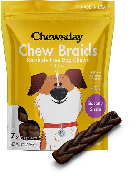 Chewsday Bacony Sizzle Chew Braids Rawhide-Free Dog Hard Chews， 7 count， Small