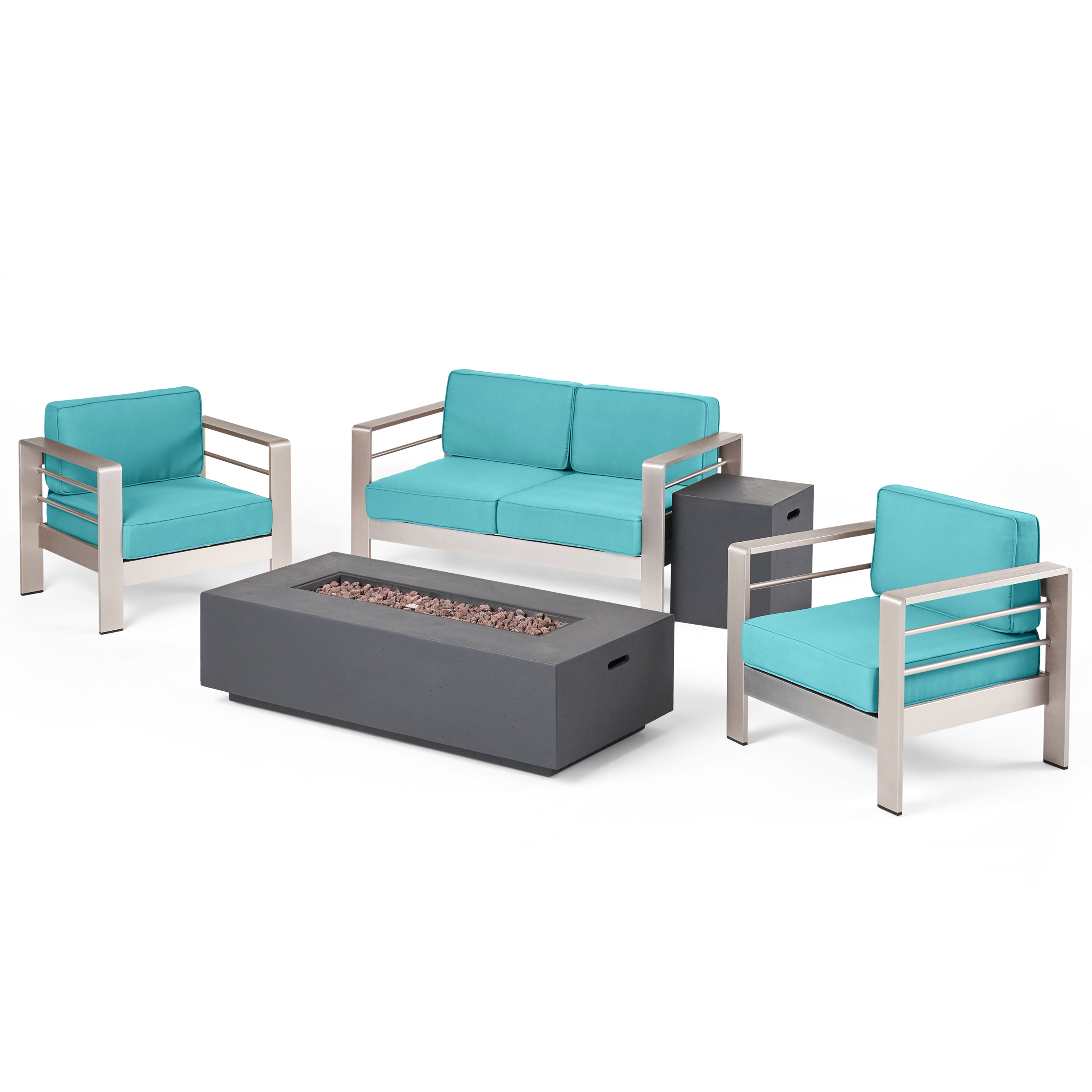 Coral Bay Outdoor 5 Piece Aluminum Chat Set with Sunbrella Cushions and Fire Pit