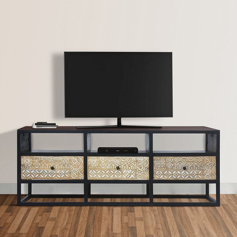 Carson 59 Inch Mango Wood TV Media Entertainment Console， Ornate Cut Out Floral Design， 3 Drawers， Natural Brown and Black