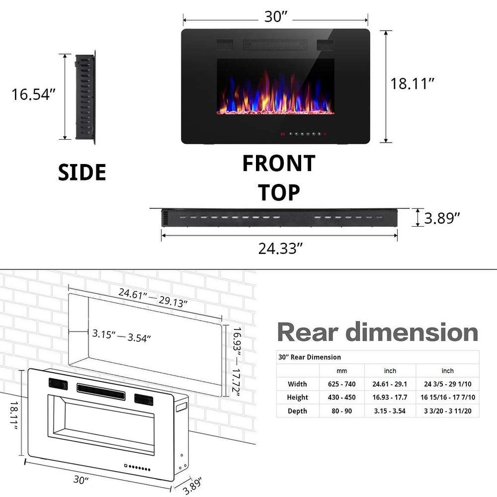 Electric Fireplace in Wall Recessed   Wall Mounted heater   30 inch