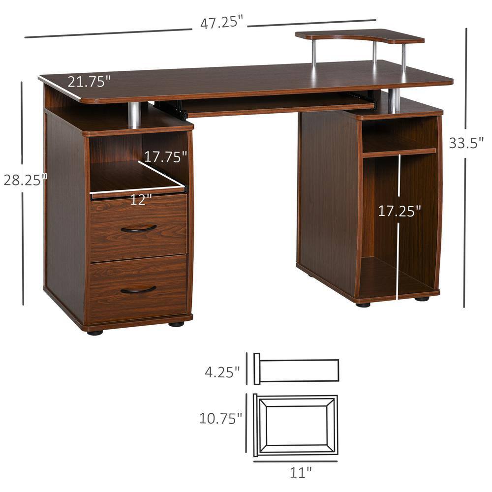 HOMCOM 47 in. Walnut Brown Particleboard Multi-Function Computer Desk with Keyboard Tray 2-Drawers 920-011V01