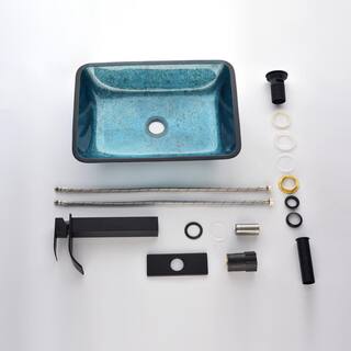 Handmade Countertop Glass Rectangular Vessel Sink in Blue with Single-Handle Faucet and Pop Up Drain in Matte Black W-Sun-12