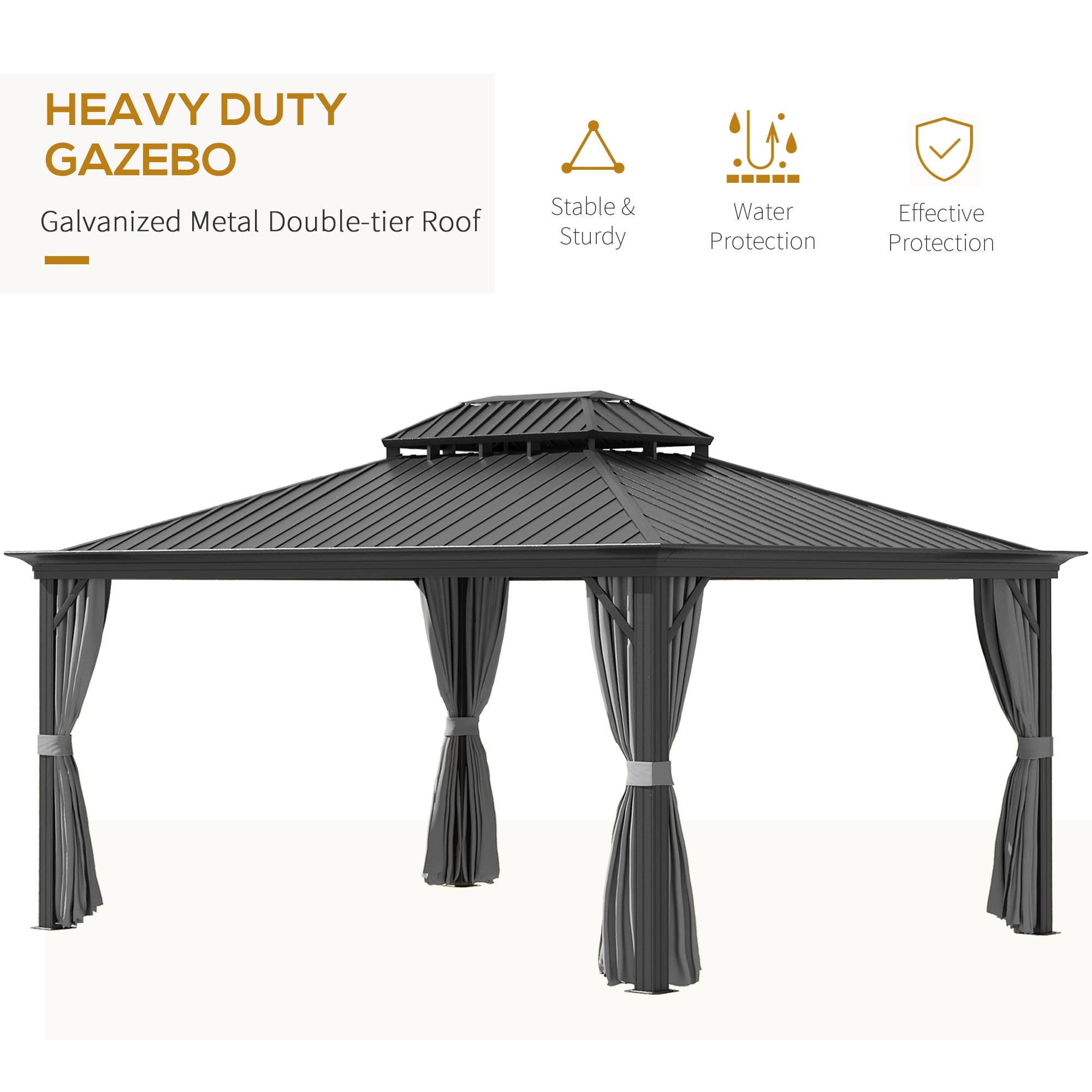 Outsunny 12' x 16' Hardtop Gazebo Canopy with Galvanized Steel Double Roof, Aluminum Frame, Permanent Pavilion Outdoor Gazebo with Netting and Curtains for Patio, Garden, Backyard, Deck, Lawn, Gray