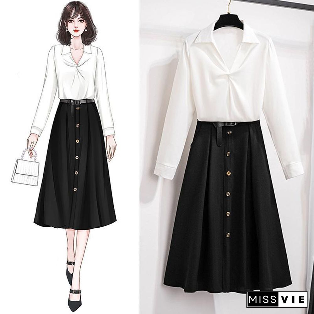 Fashion V-Collar Blouse+Belt Skirt P11743