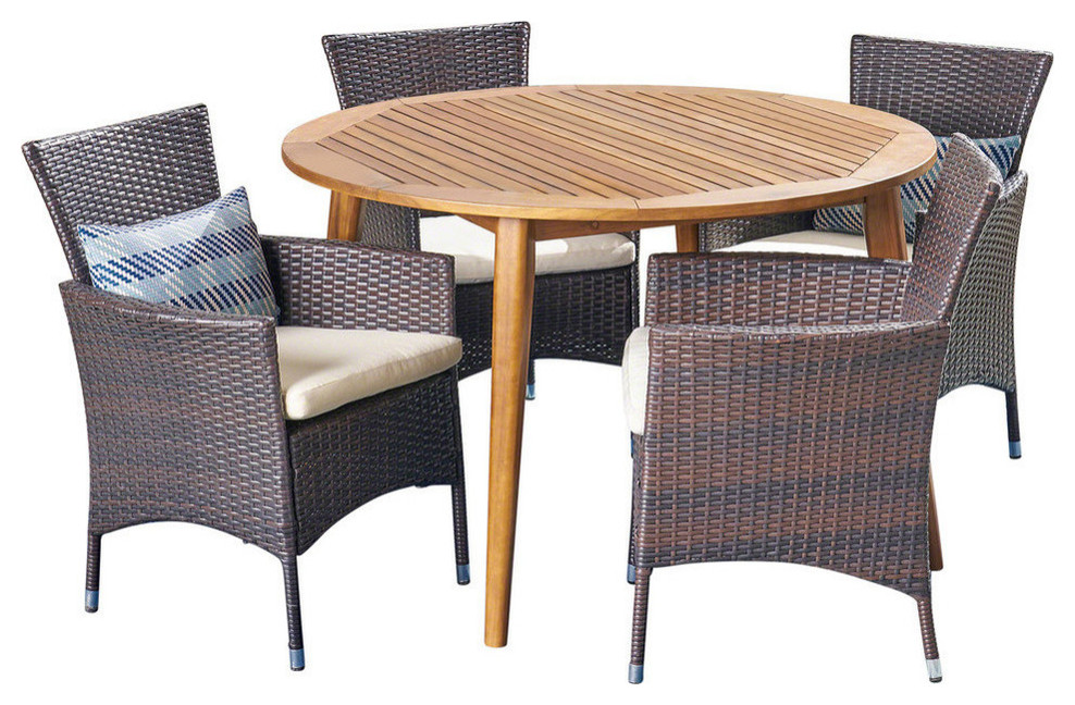 GDF Studio 5 Piece Hearn Outdoor Dining Set  Teak/Multi Brown/Beige   Tropical   Outdoor Dining Sets   by GDFStudio  Houzz