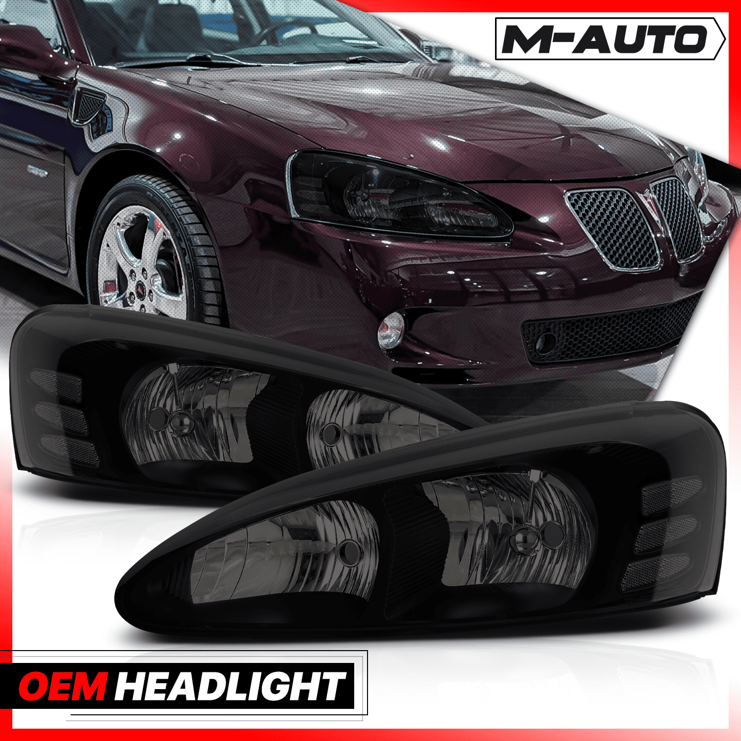 M-AUTO Pair Replacement Headlight Assembly for 04 05 06 07 08 Pontiac Grand Prix， Black Housing Smoke Lens Clear Corner