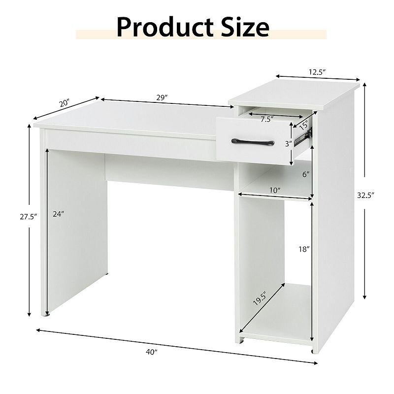 Computer Desk PC Laptop Table with Drawer and Shelf - White