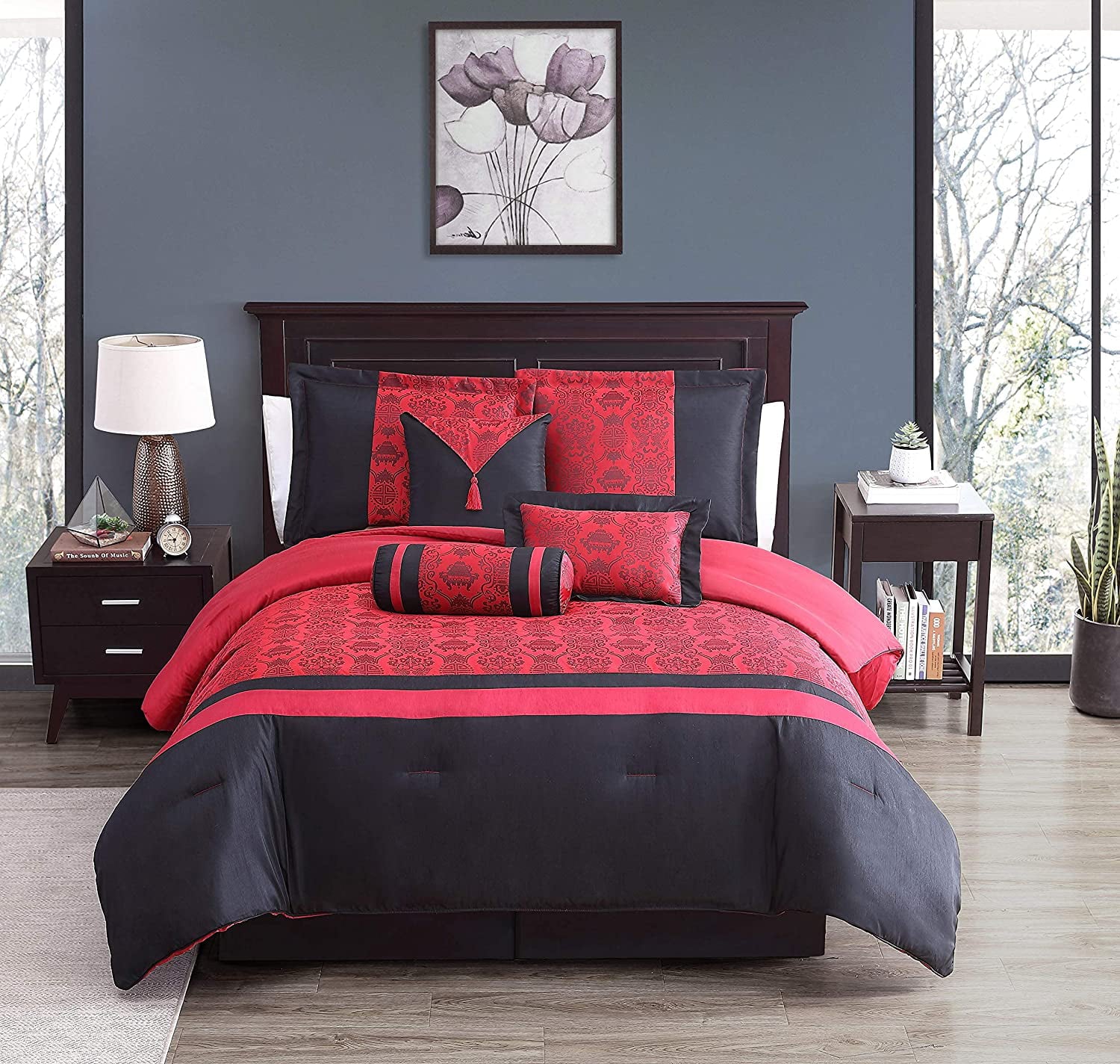 Chezmoi Collection Dynasty 7-Piece Jacquard Oriental Comforter Set， King， Red/Black