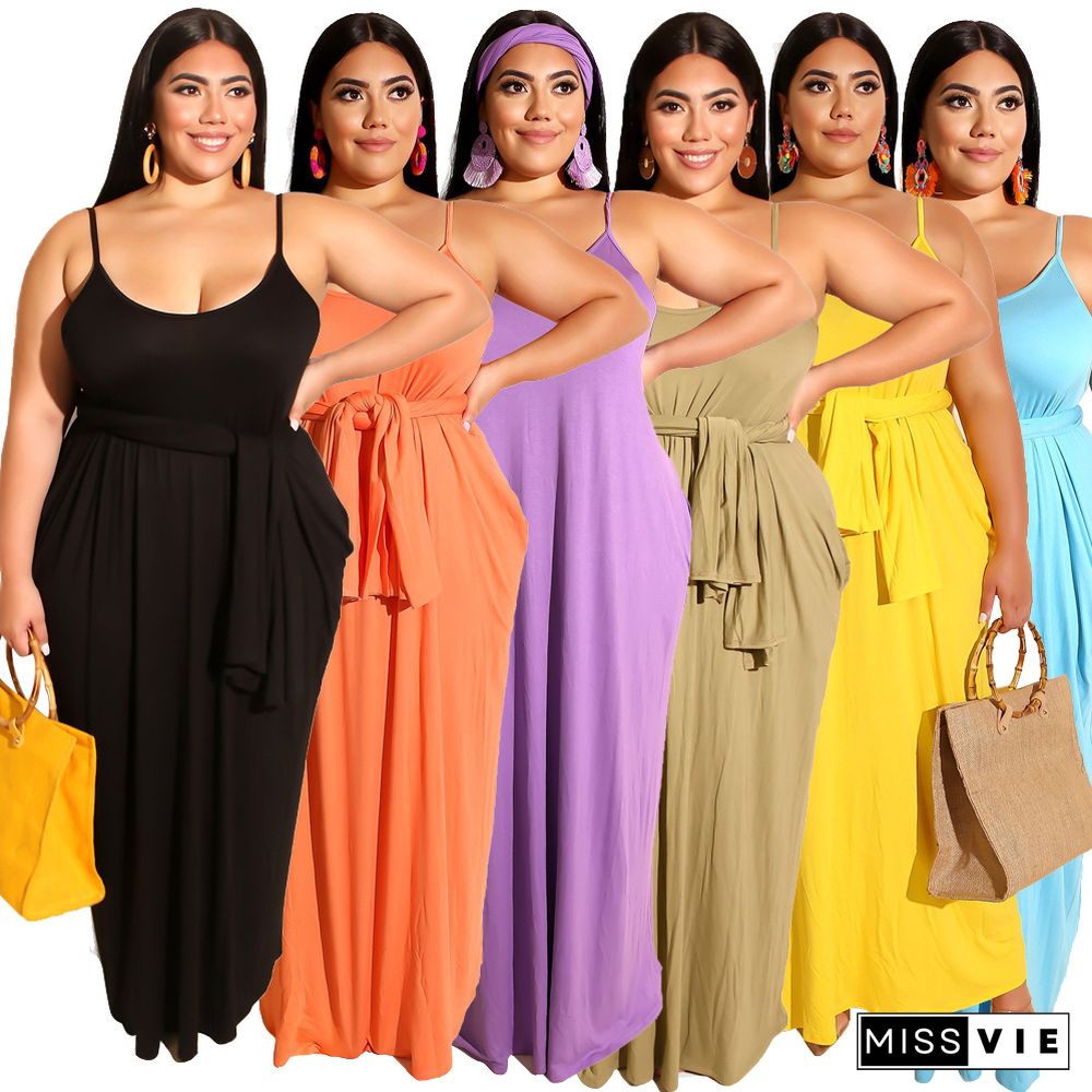 Solid Sling Loose Sashes Plus Size Maxi Dress