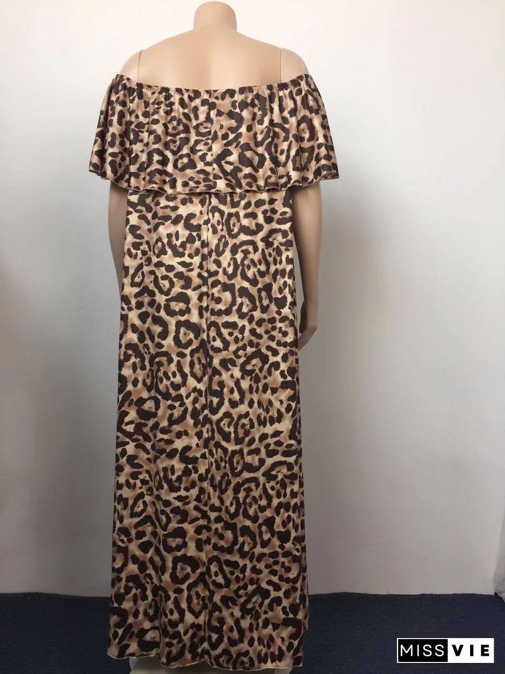 Plus Size Summer Leopard Print Off The Shoulder Short Sleeve Loose Party Club Holiday Maxi Long Dresses