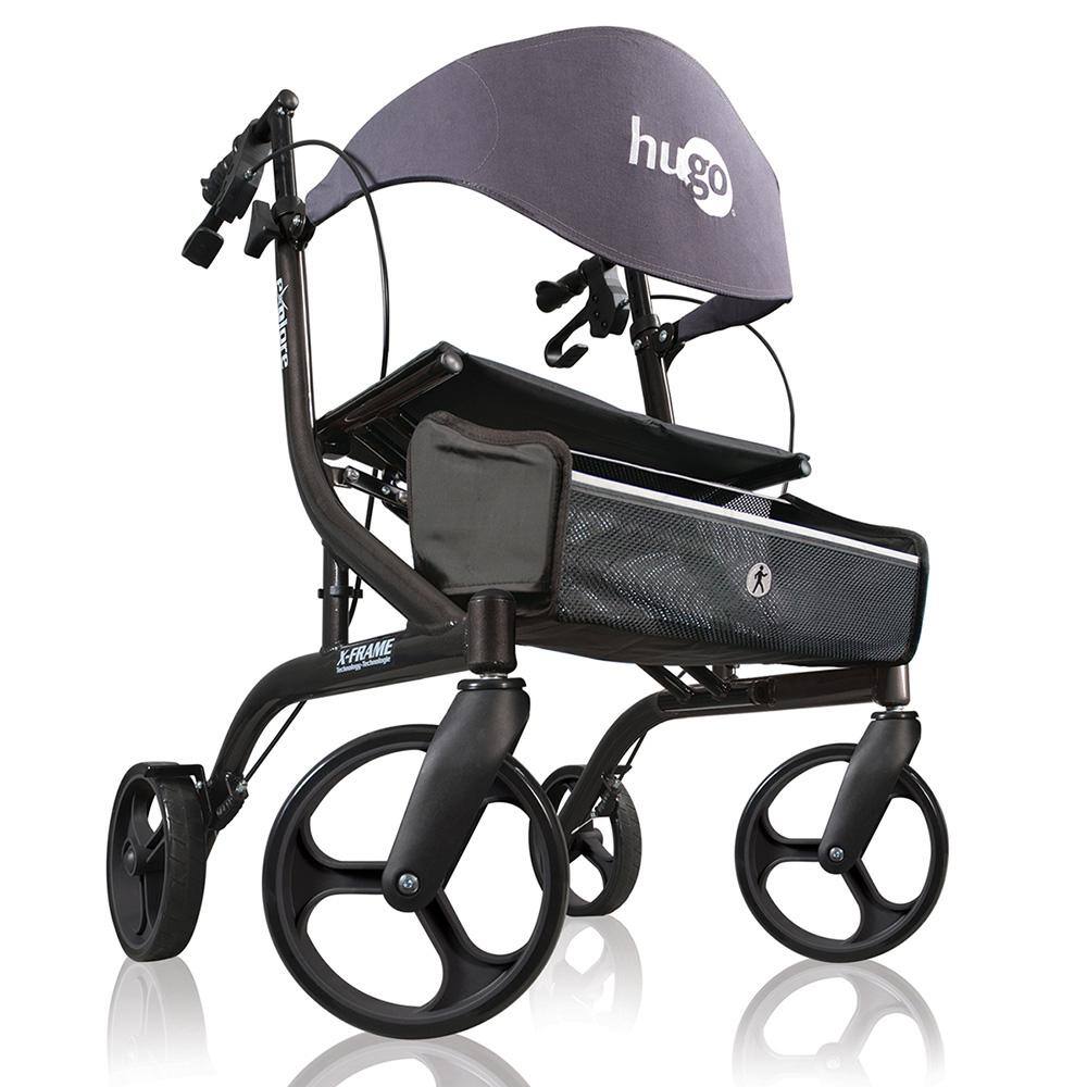 Hugo Mobility Explore 4-Wheel Side-Fold Rollator Rolling Walker with Seat Backrest and Folding Basket in Pearl Black 700-977