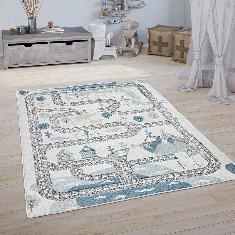 Kids Rug Roads Play-Mat in Snow Landscape in Muted Cream