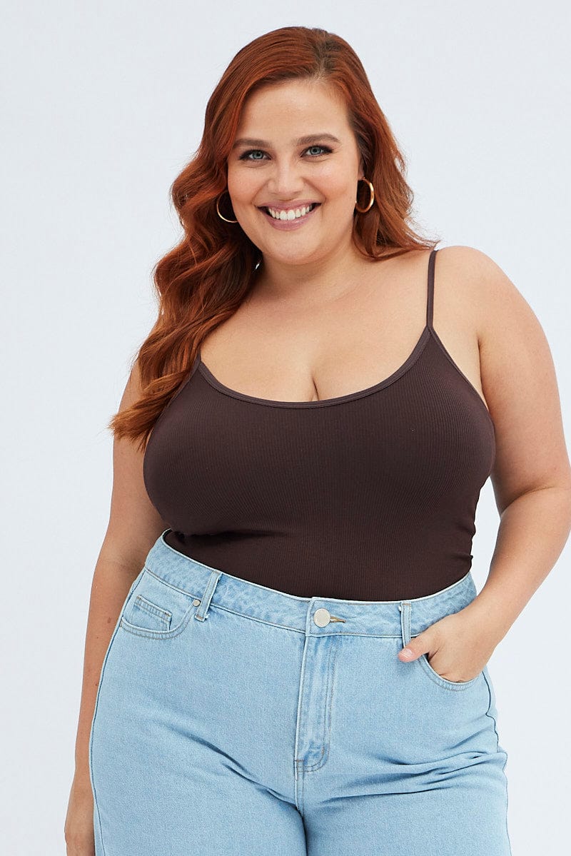 Brown Singlet Top Scoop Neck Seamless
