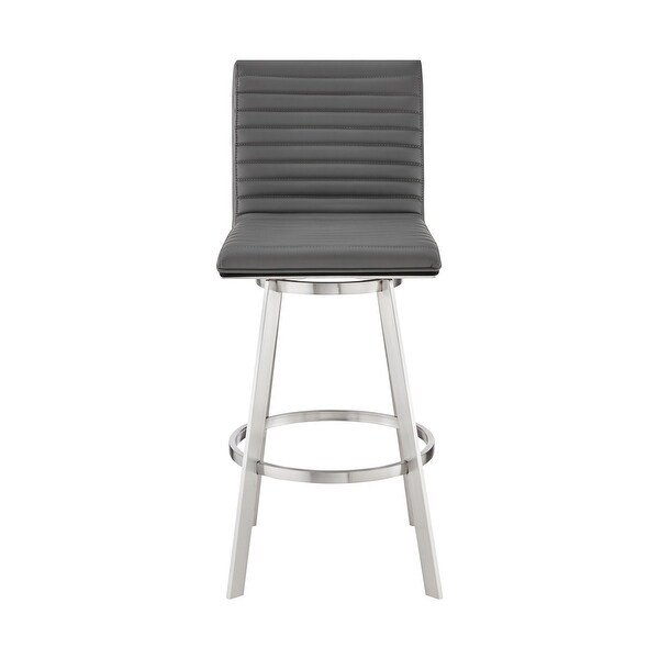 Aron 30 Inch Bar Height Swivel Stool， Vegan Faux Leather， Gray， Chrome