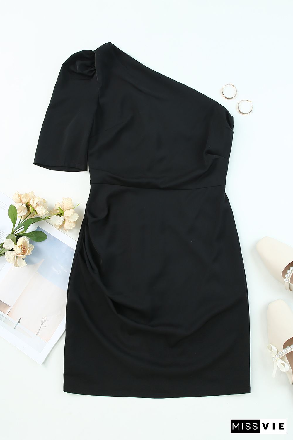 Black Single Long Sleeve Ruched Bodycon Dress