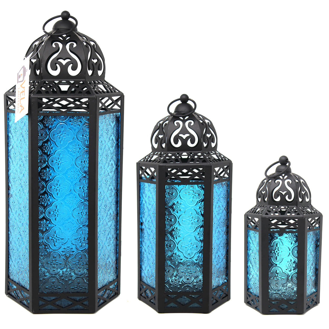 Decorative Candle Lantern Set for Home Decor， Blue Glass