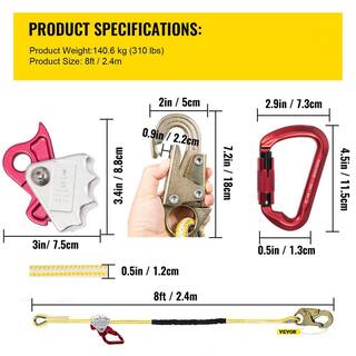 VEVOR Positioning Lanyard 12 in. x 8 ft. Adjustable Work Position Rope with Rope Grab Snap Hook D-Ring for Fall Protection YCYCKDJGS12X8O7ECV0