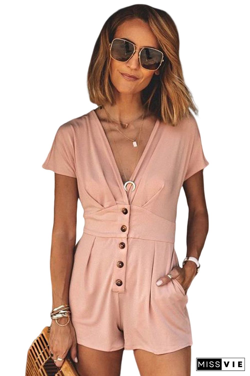 Pink Deep V Neck Buttoned High Waist Romper