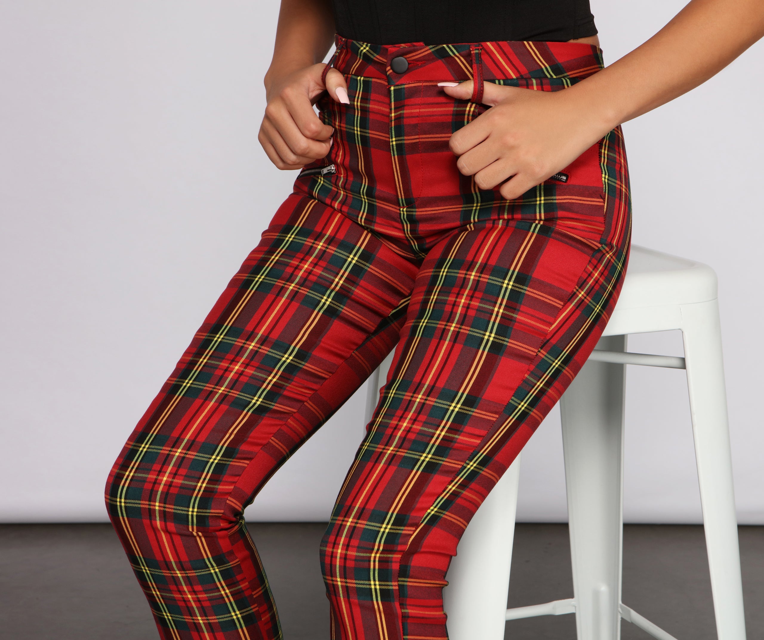 High Rise Zippered Plaid Pants