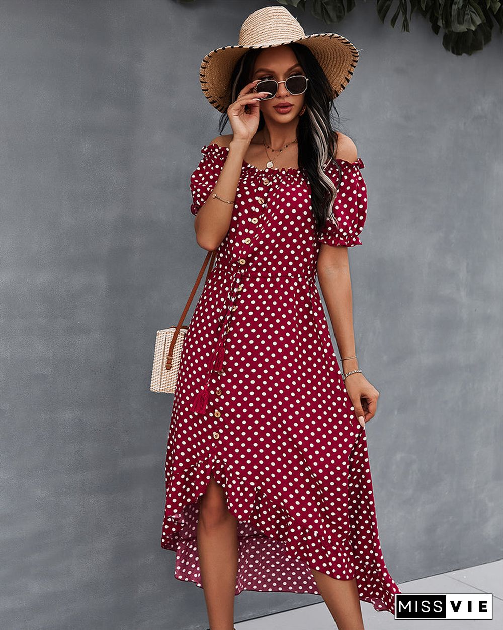 Off Shoulder Polka Dot Button Down Maxi Dress