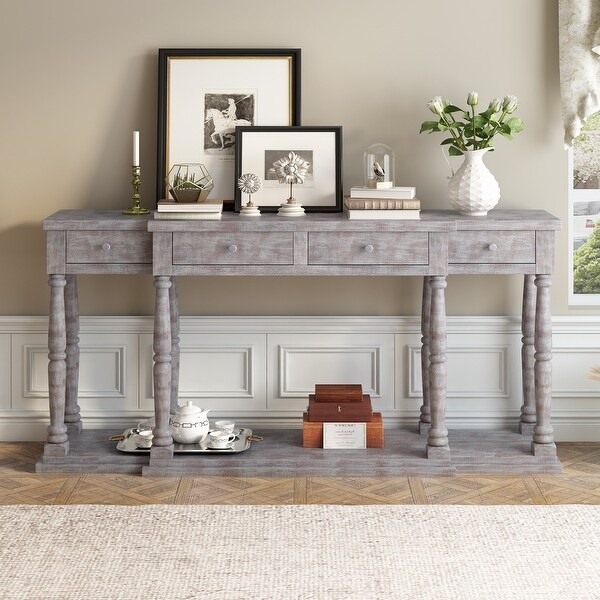 Solid Wood Console Table w/4 Drawers and Shelf for Hallway， Living Room