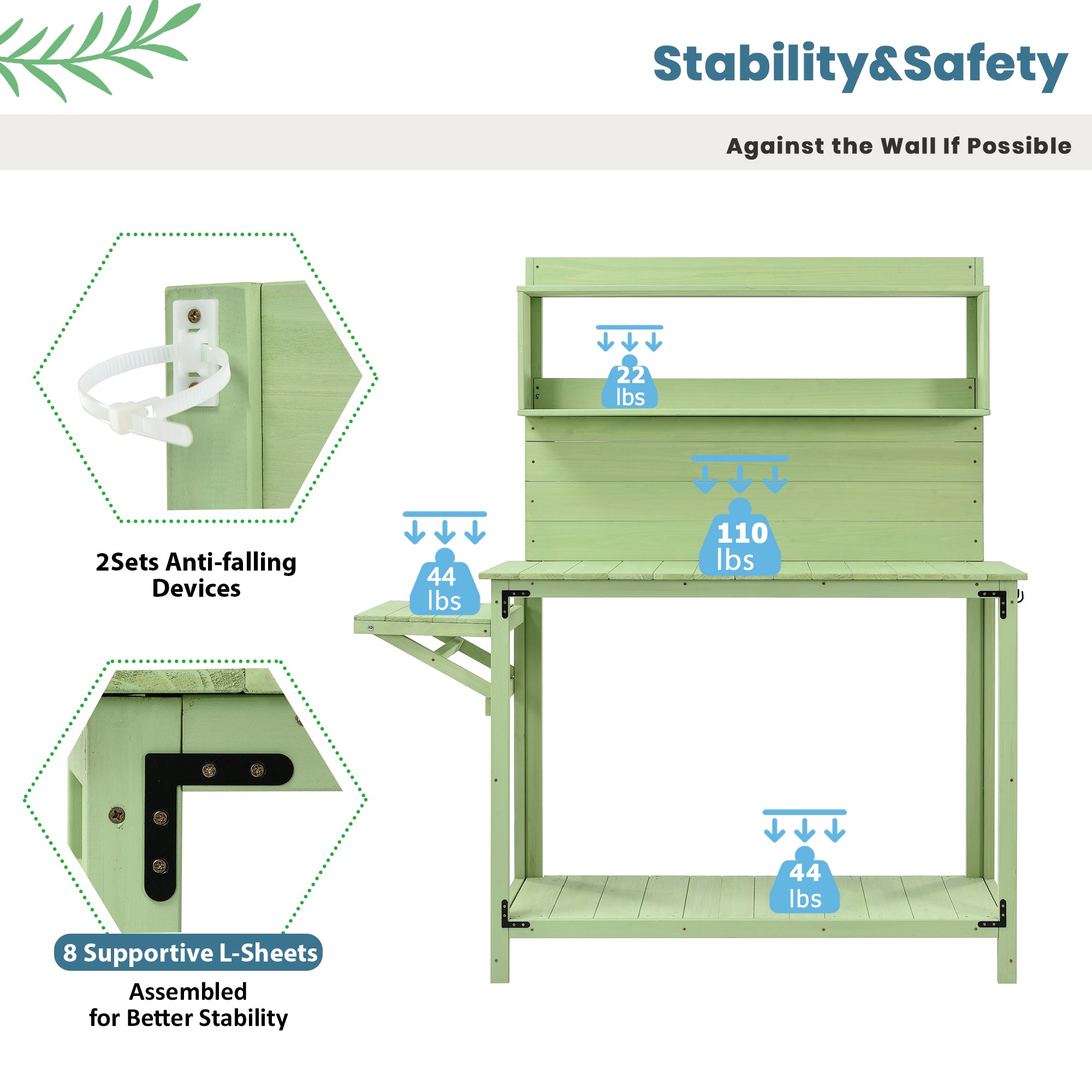 CoSoTower 65Inch Garden Wood Workstation Backyard Potting Bench Table With Shelves, Side Hook And Foldable Side Table, Green