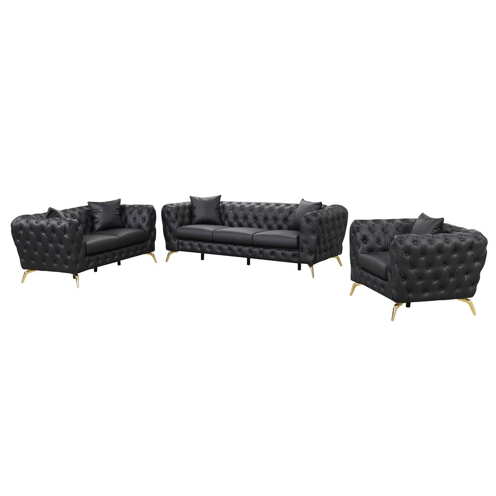 PU Upholstered Sofa Set with Button Tufting  Sturdy Metal Legs  PU Pillows