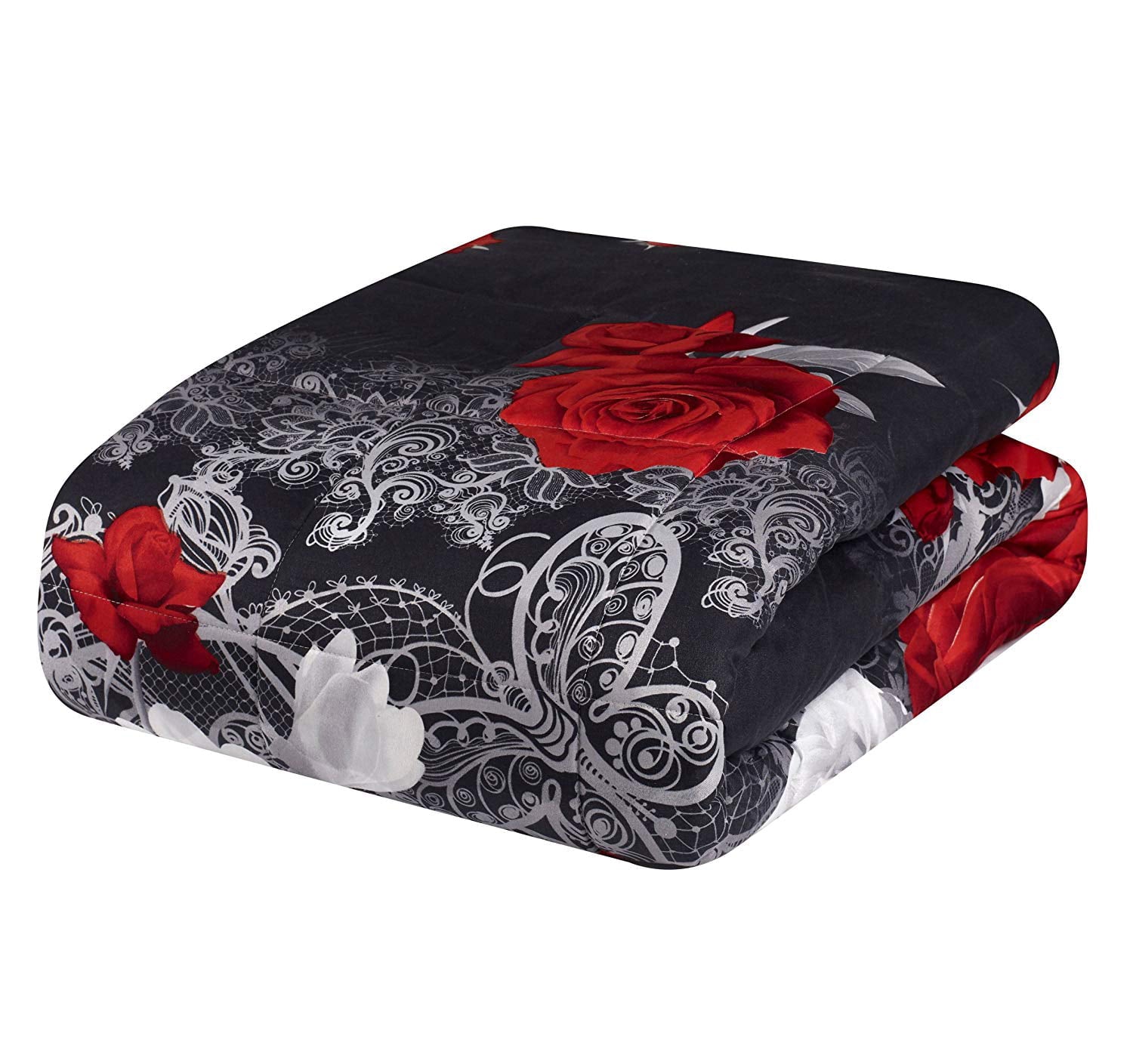 HIG 3D 3 Piece Red And White Rose Reactive Printed Comforter Set，Queen