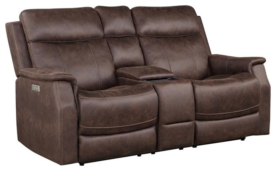 Bowery Hill Faux Leather Dual Power Reclining Console Loveseat in Mahogany   Contemporary   Loveseats   by Homesquare  Houzz