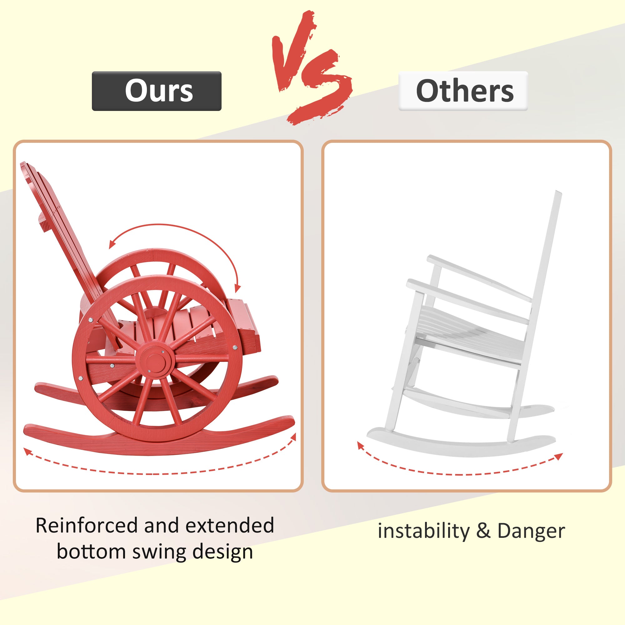 Outsunny Wooden Rocking Chair, Adirondack Rocker Chair w/ Slatted Design, and Oversize Back, Outdoor Rocking Chairs with Wagon Wheel Armrest for Porch, Poolside, and Garden, Red