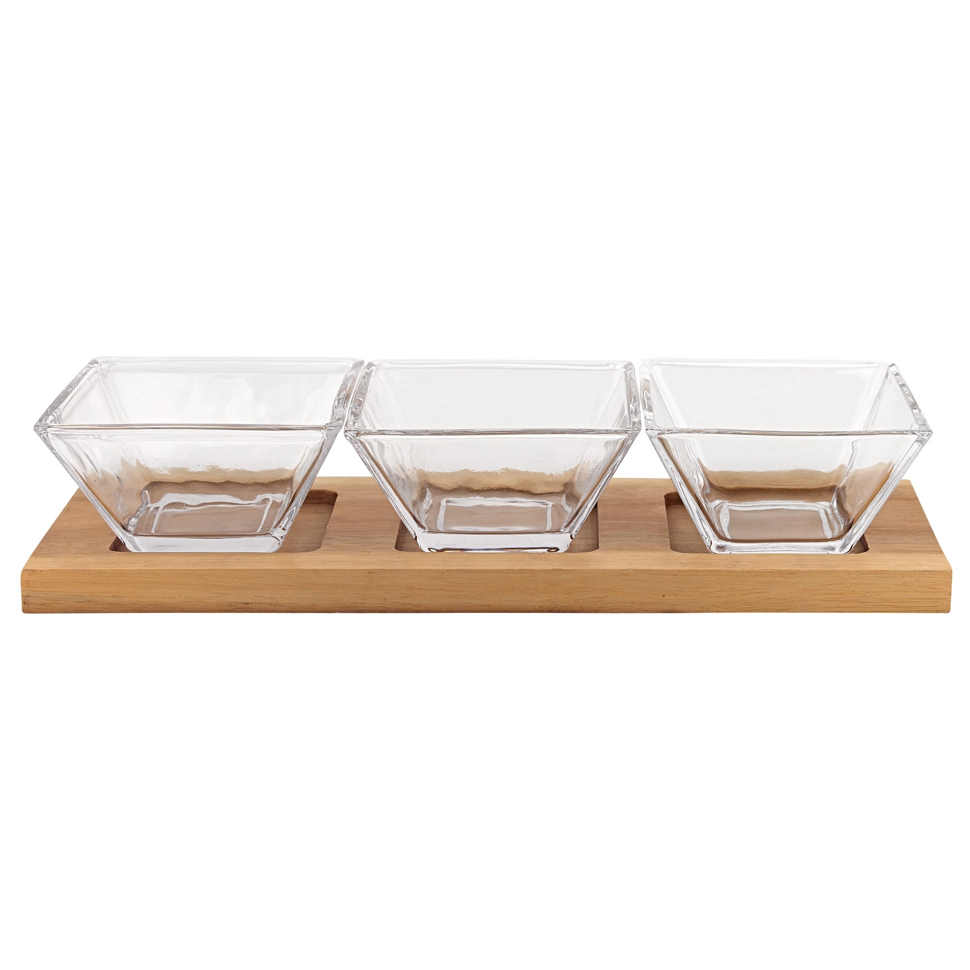 4 Mouth Blown Crystal Hostess Set 4 pc With 3 Glass Condiment or Dip Bowls on a Wood Tray - 5 W x 5 D x 12 H