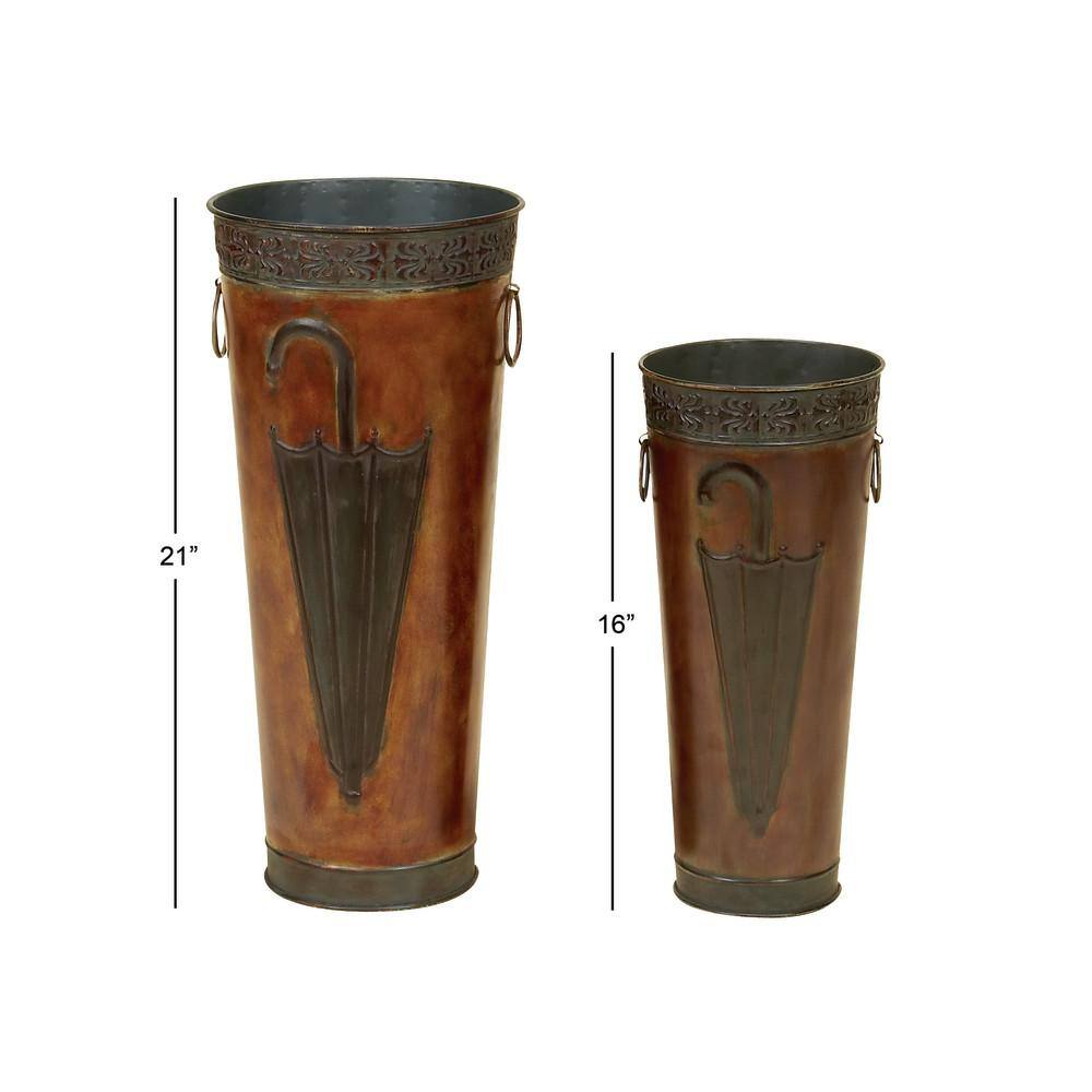 Litton Lane Brown Metal Umbrella Stand with Umbrella Image and Handles (Set of 2) 96571