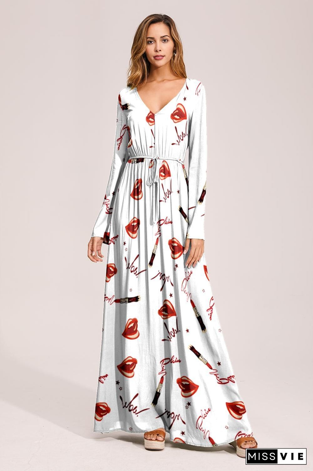 Floral Deep Long Sleeves Tie Back Ruffled Hem Maxi Dress