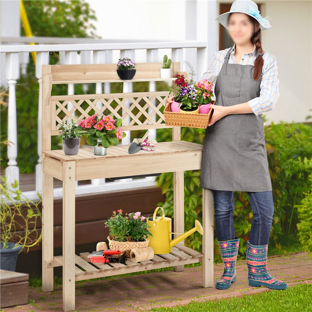 Yaheetech Garden Potting Bench Outdoor Planting Table Wooden Work Station Table w/ Sliding Tabletop Open Storage Shelf, Natural