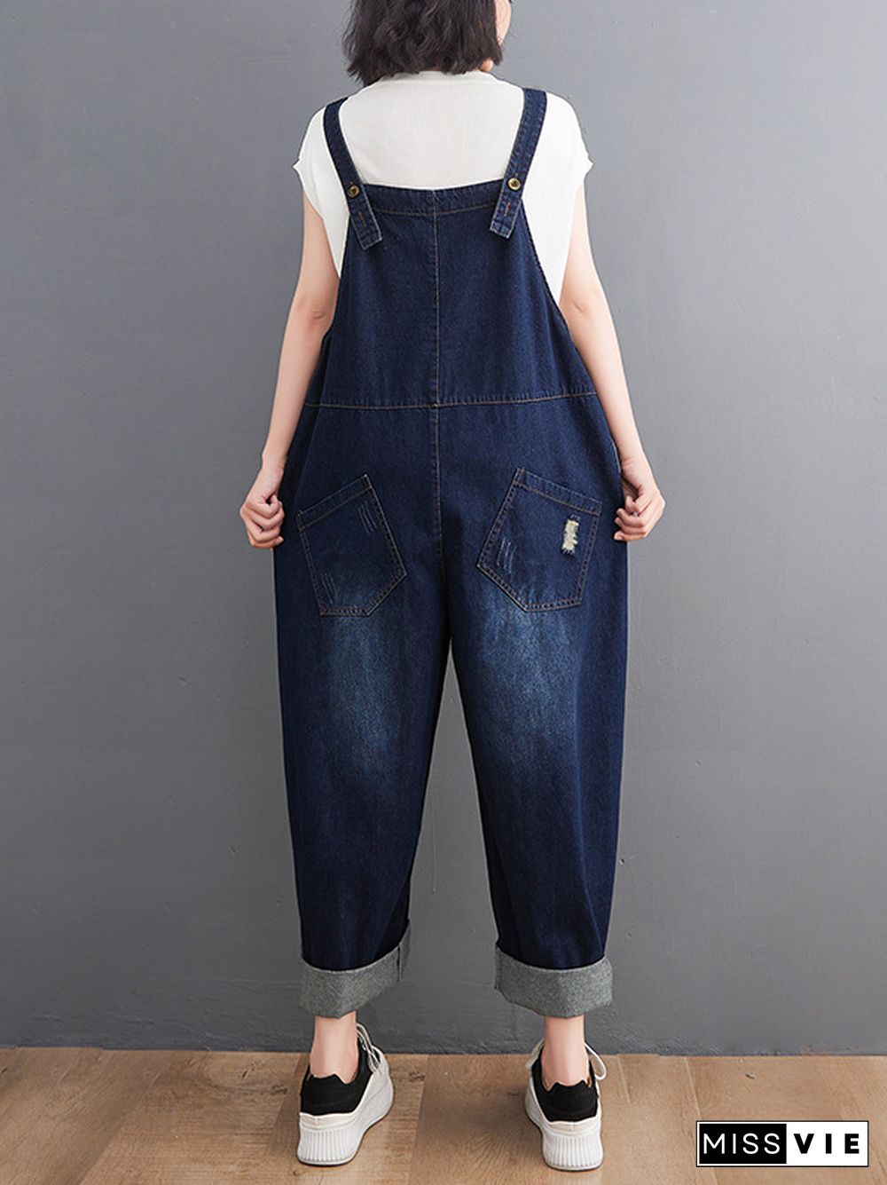 Casual Denim Contrast Color Split-Joint Overalls