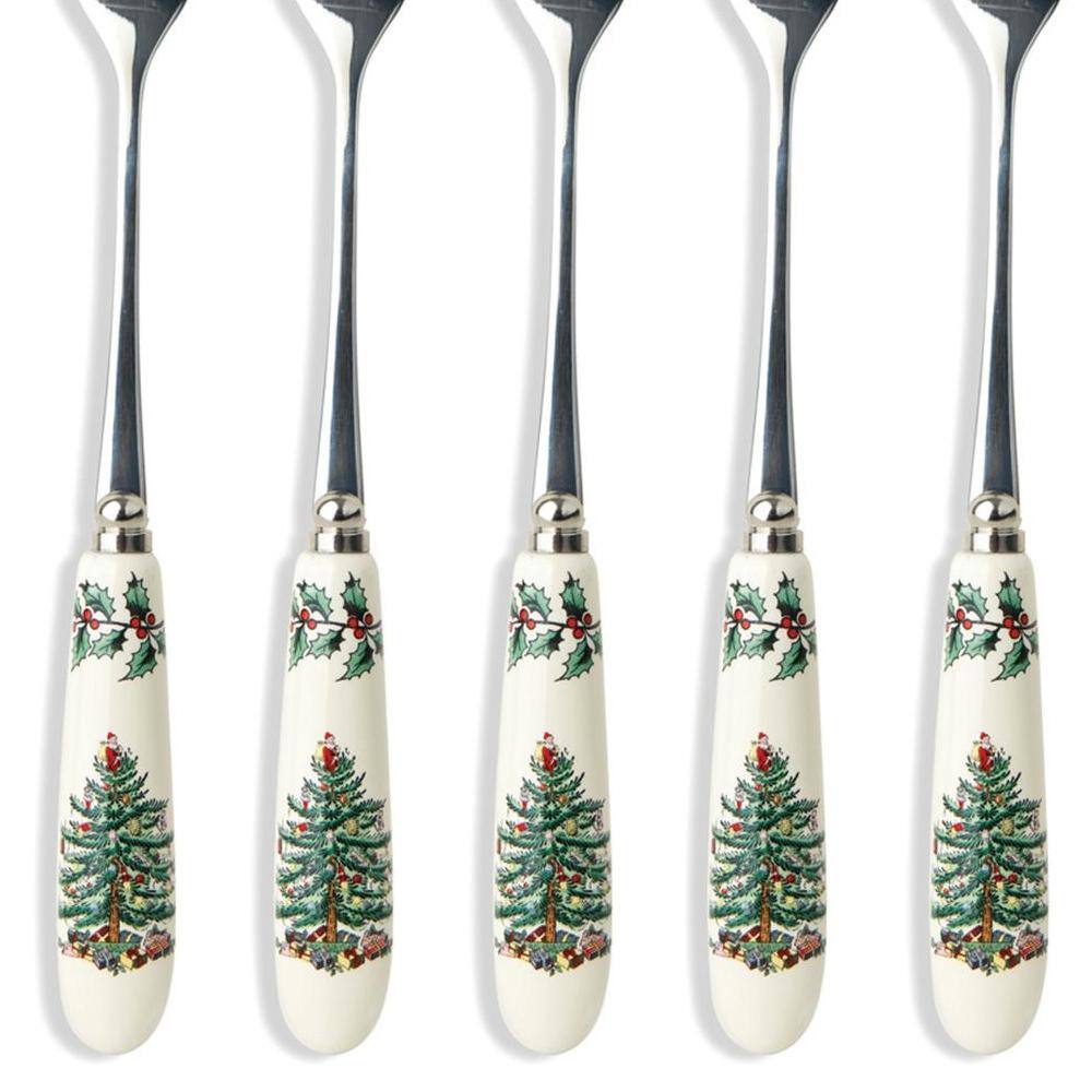 Spode Christmas Tree 6 in. 6-Piece Stainless Steel and White Porcelain Teaspoon Flatware Sets 1502666