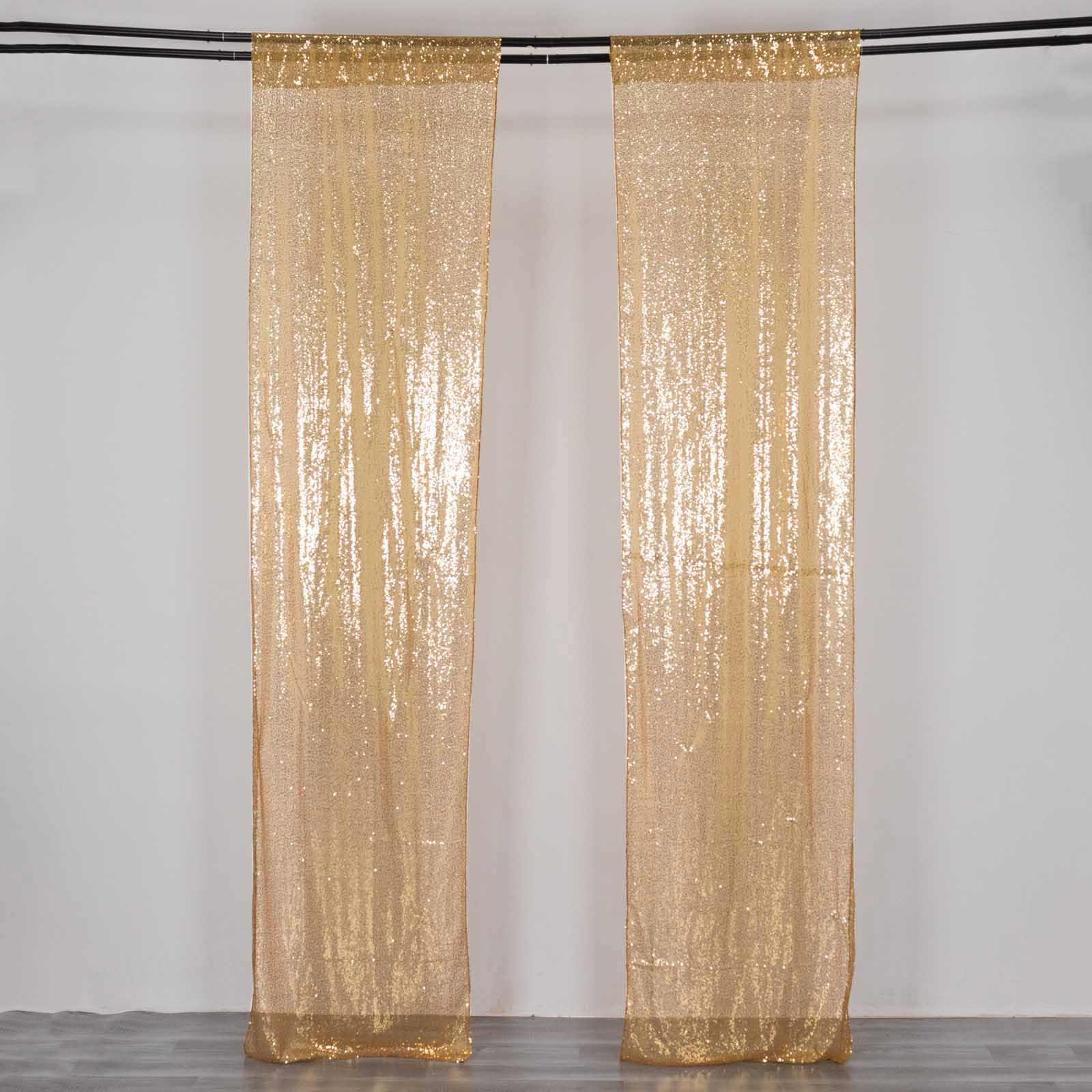 2 Pack Gold Sequin Backdrop Drape Curtains with Rod Pockets, Seamless Glitter Mesh Photo Booth Event Divider Panels - 8ftx2ft