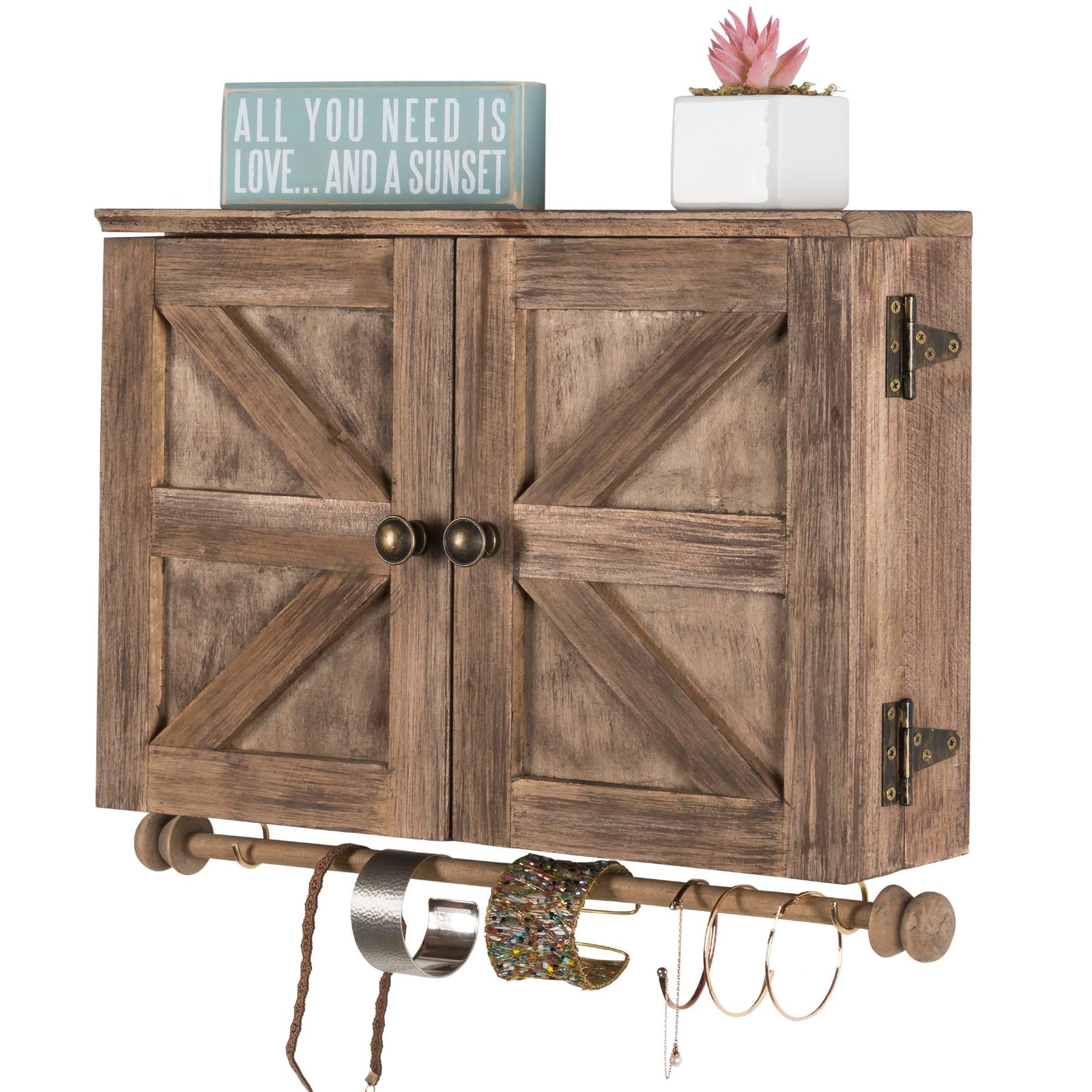 Excello Global Products Rustic Wall Mounted Jewelry Organizer with Wooden Barndoor Decor - Brown - EGP-HD-0088