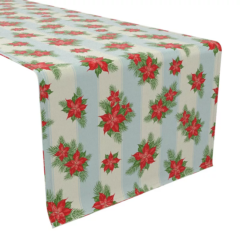 Table Runner， 100% Cotton， 16x108， Poinsettias with Striped Background