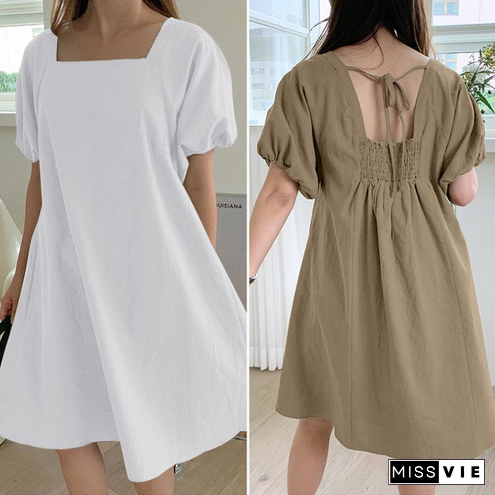 Oversized Women Retro Loose Party Solid Cotton Short Sleeve Sundress Elastic Cuff Mini Shirt Dress