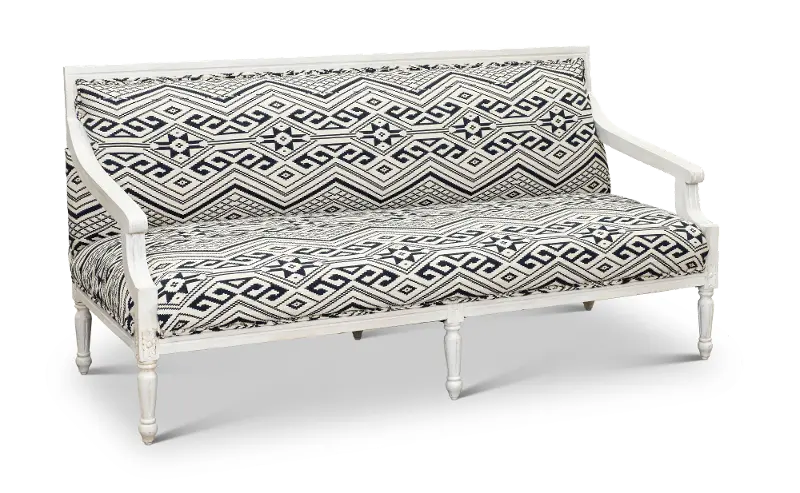 Jocelyn Blue Geometric Patterned Settee with Exposed Wood Frame