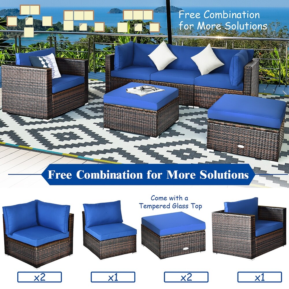 Costway 6PCS Patio Rattan Furniture Set Sofa Coffee Table Ottoman Navy   See Description