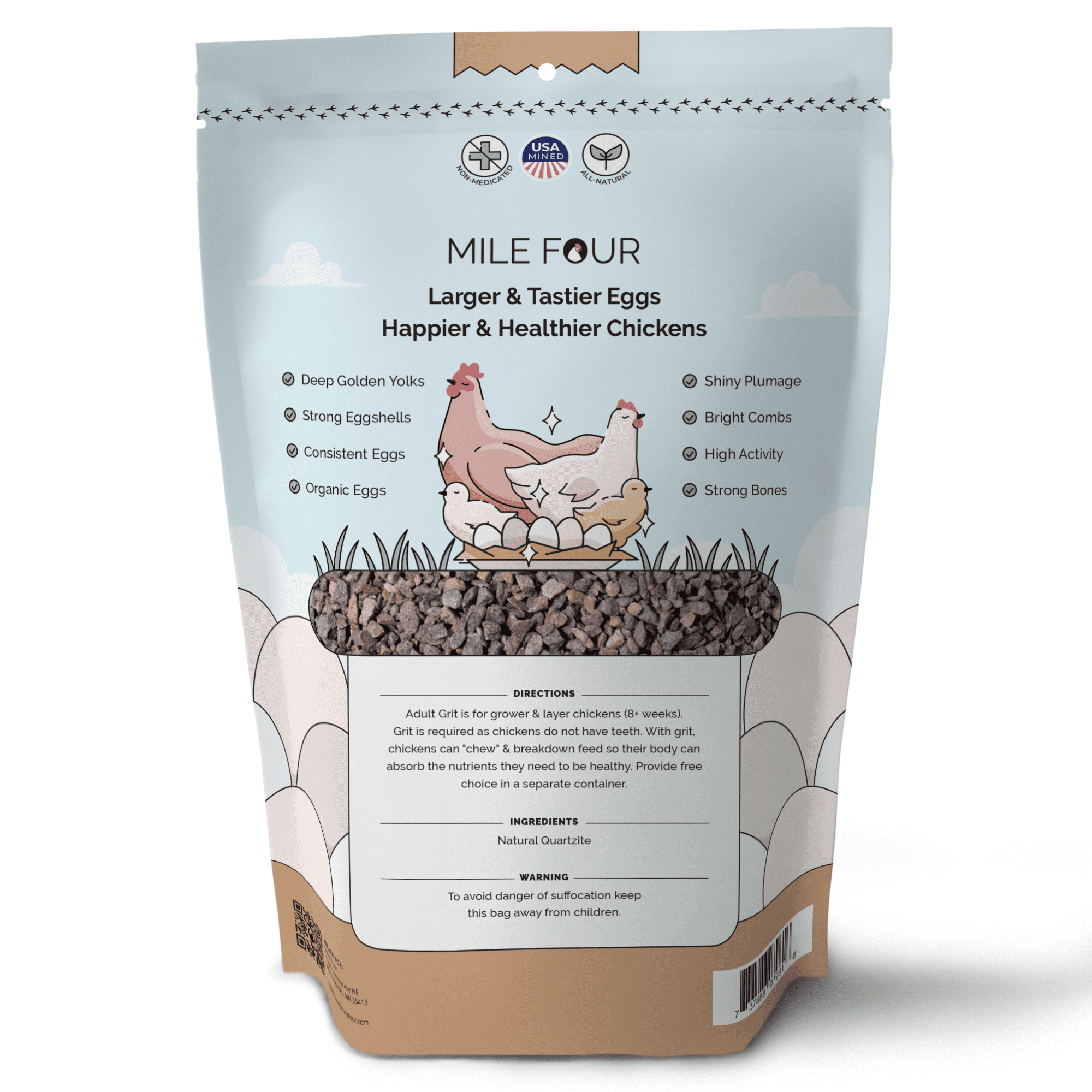 Mile Four | Grit for Healthy Chickens | 100% US Mined Quartzite， Mineral Grit | Organic， Natural Crushed Grit Quartzite， Mineral Grit | Healthier Chickens | 4 lbs.