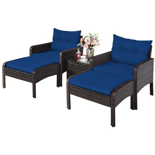 Costway 5 Pcs Patio Rattan Wicker Furniture Set Sofa Ottoman Coffee Table Cushioned