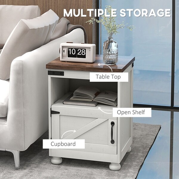 HOMCOM Small Side Table with Storage，Farmhouse End Table with Open Shelf and Cupboard，Modern Sofa Table with Wood Legs