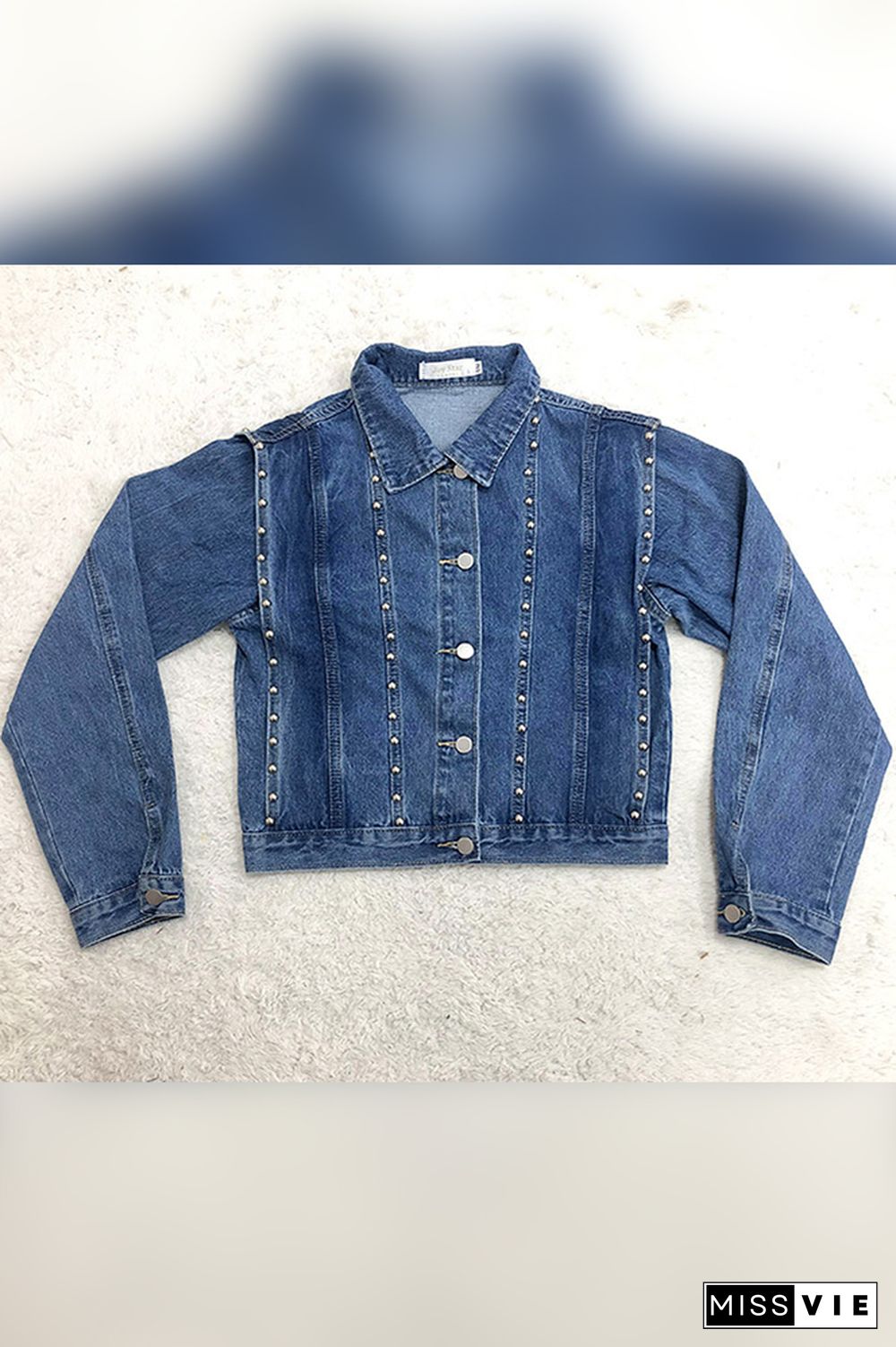 Turn Down Collar Beading Button Closure Denim Jacket Women Wholesale